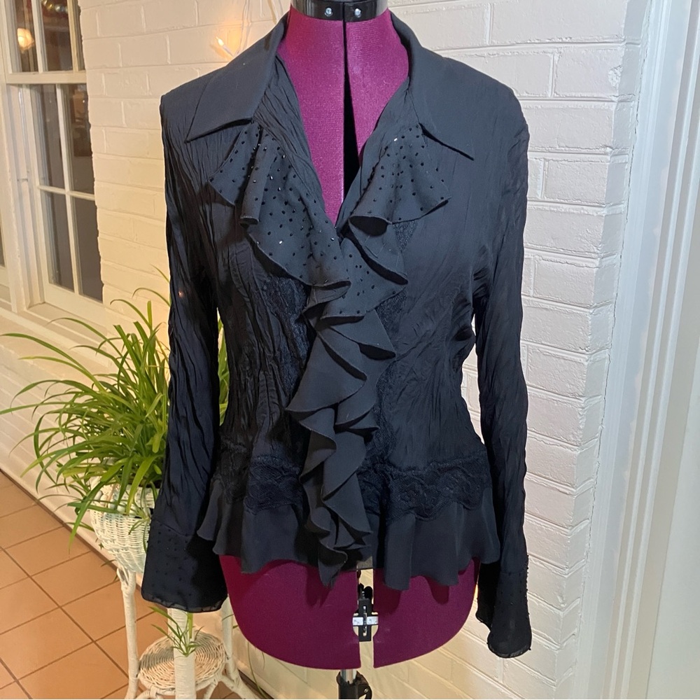 Elegant Black Ruffled Front  Blouse with sparkles and lace detail